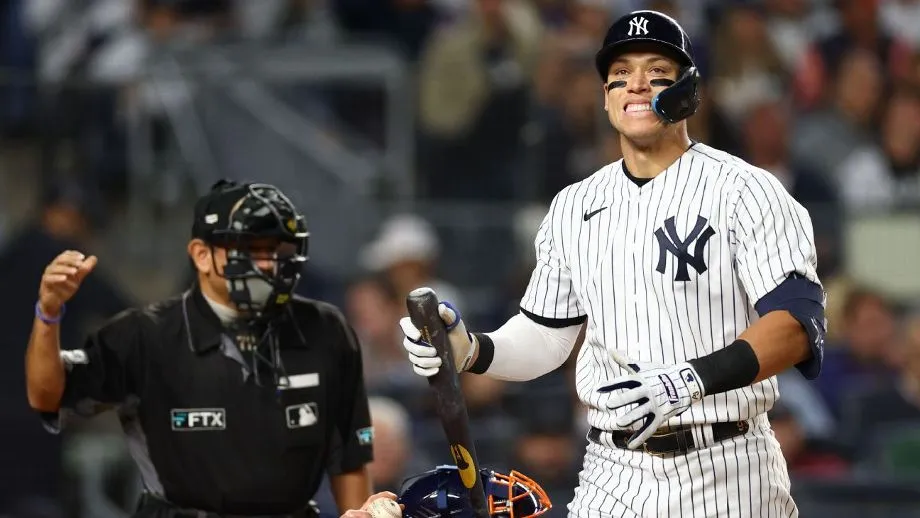 Aaron Judge grimaces after a strikeout. 